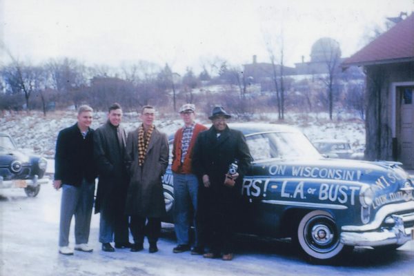 Carson Gulley and four UW–Madison students pose in front of his car before leaving Madison for Pasadena for the 1952 Rose Bowl.