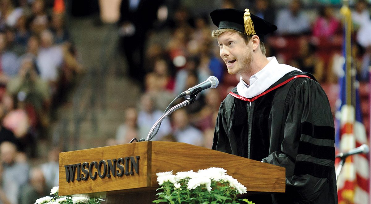 Anders Holm speaking at commencement