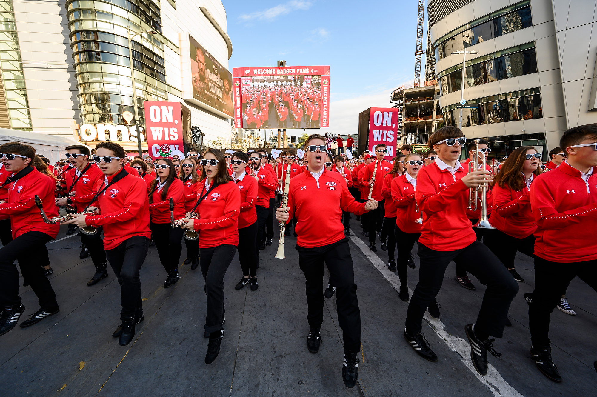 Members of the UW Marching Band perform during the UW-Madison Rose Bowl Pep Rally
