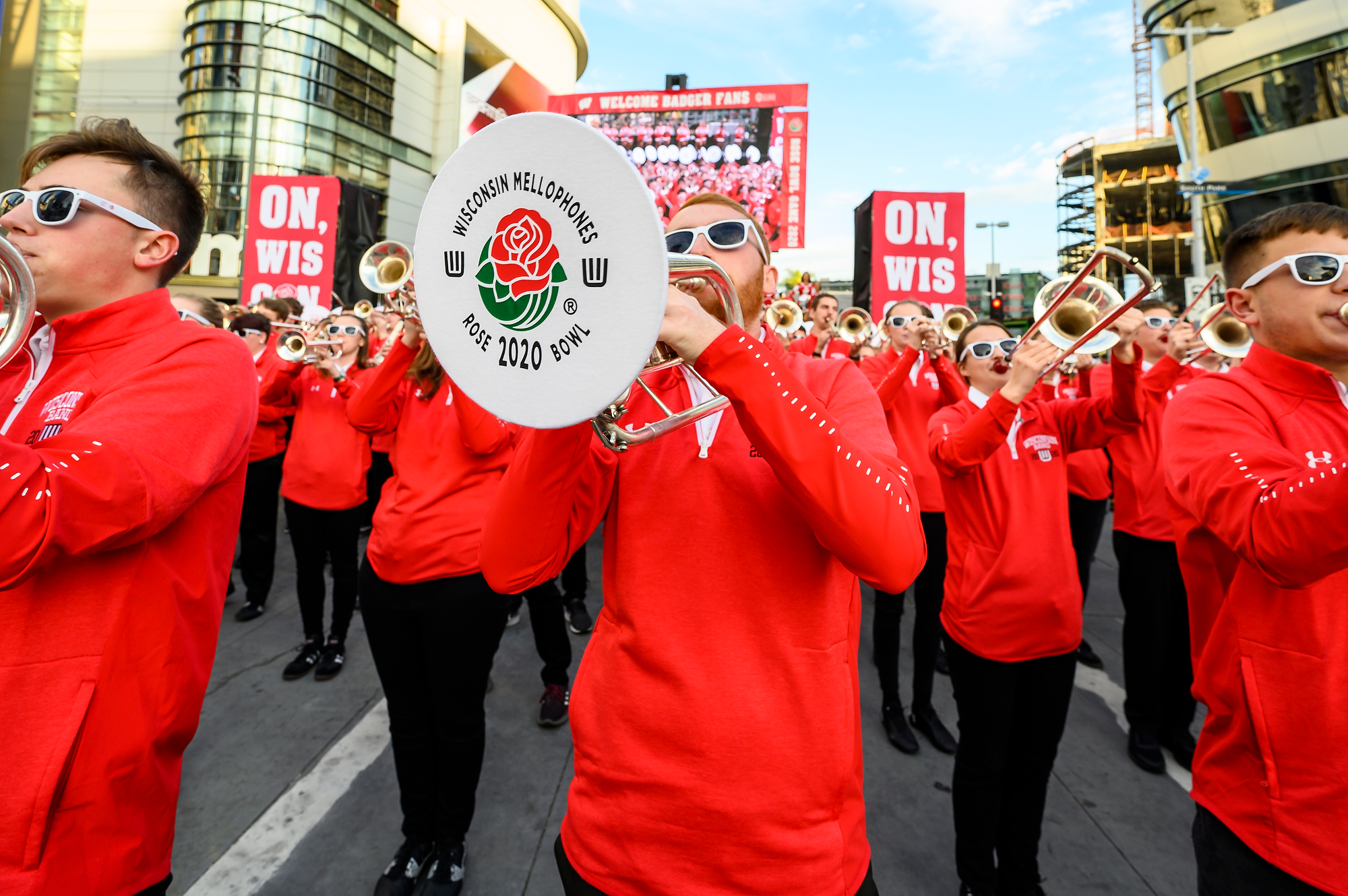 Members of the UW Marching Band perform during the UW-Madison Rose Bowl Pep Rally held at L.A. Live in downtown Los Angeles