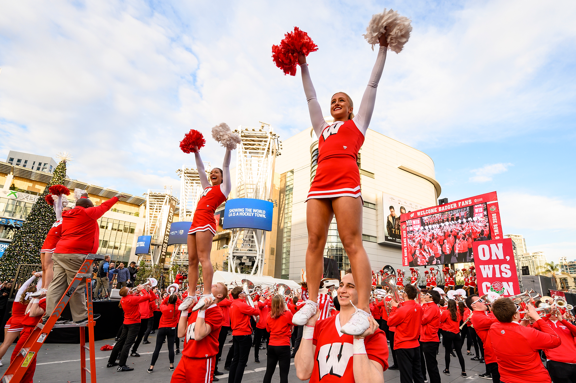 Members of the UW Spirit Squad perform during the UW-Madison Rose Bowl Pep Rally