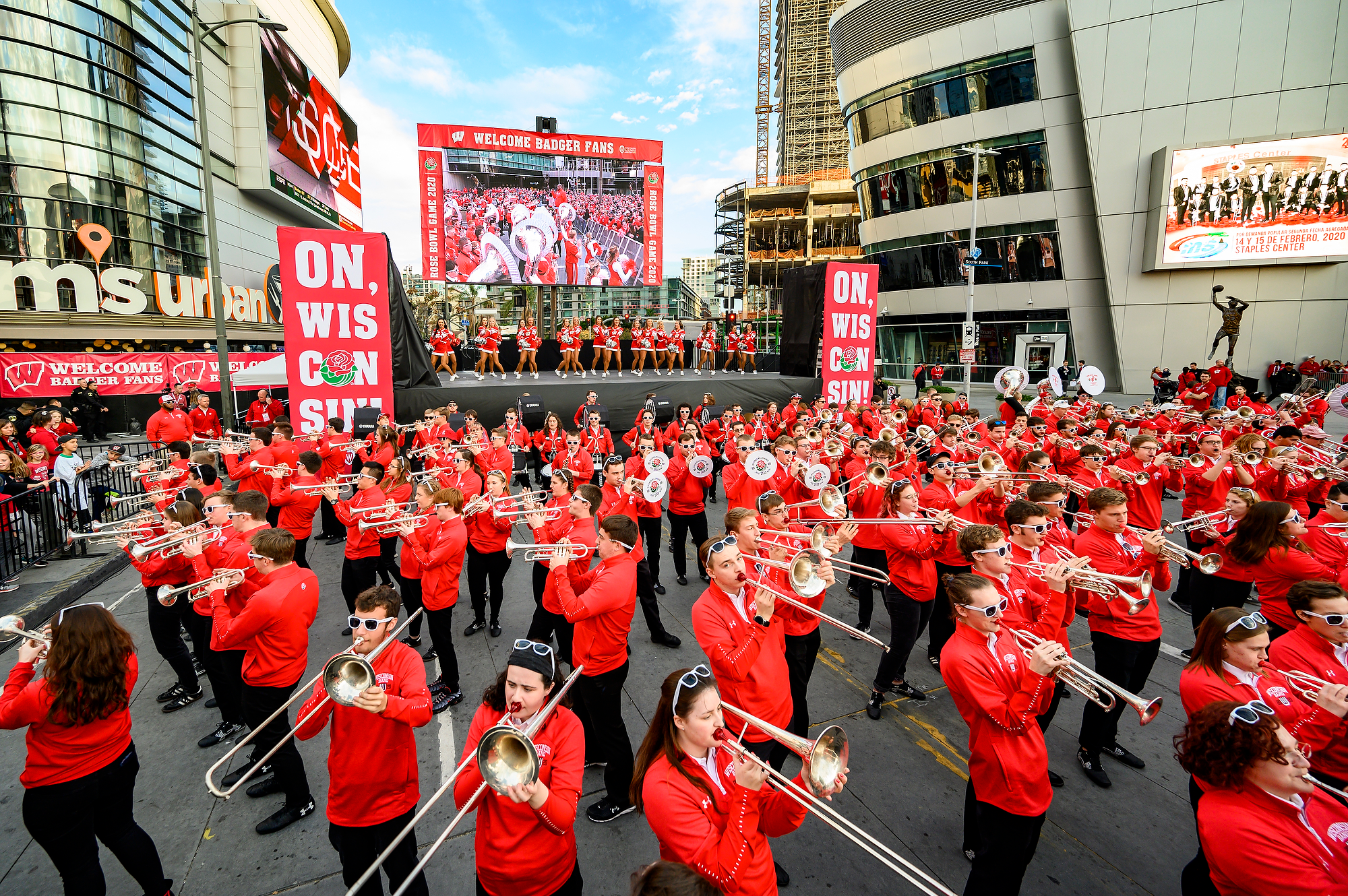 Members of the UW Marching Band perform during the UW-Madison Rose Bowl Pep Rally