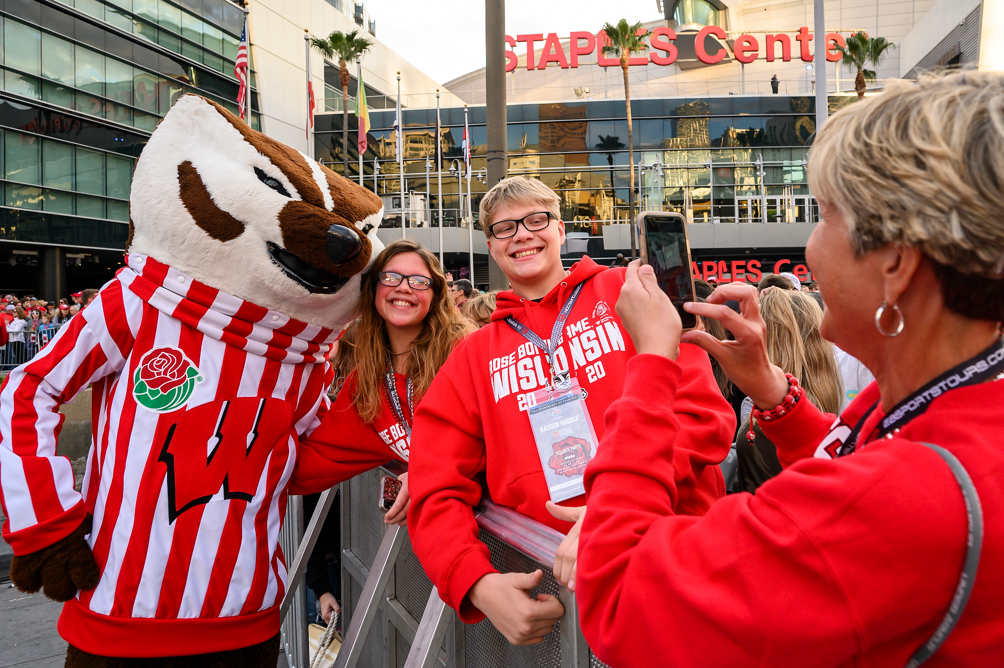 UW mascot Bucky Badger interacts with the crowd during the UW-Madison Rose Bowl Pep Rally