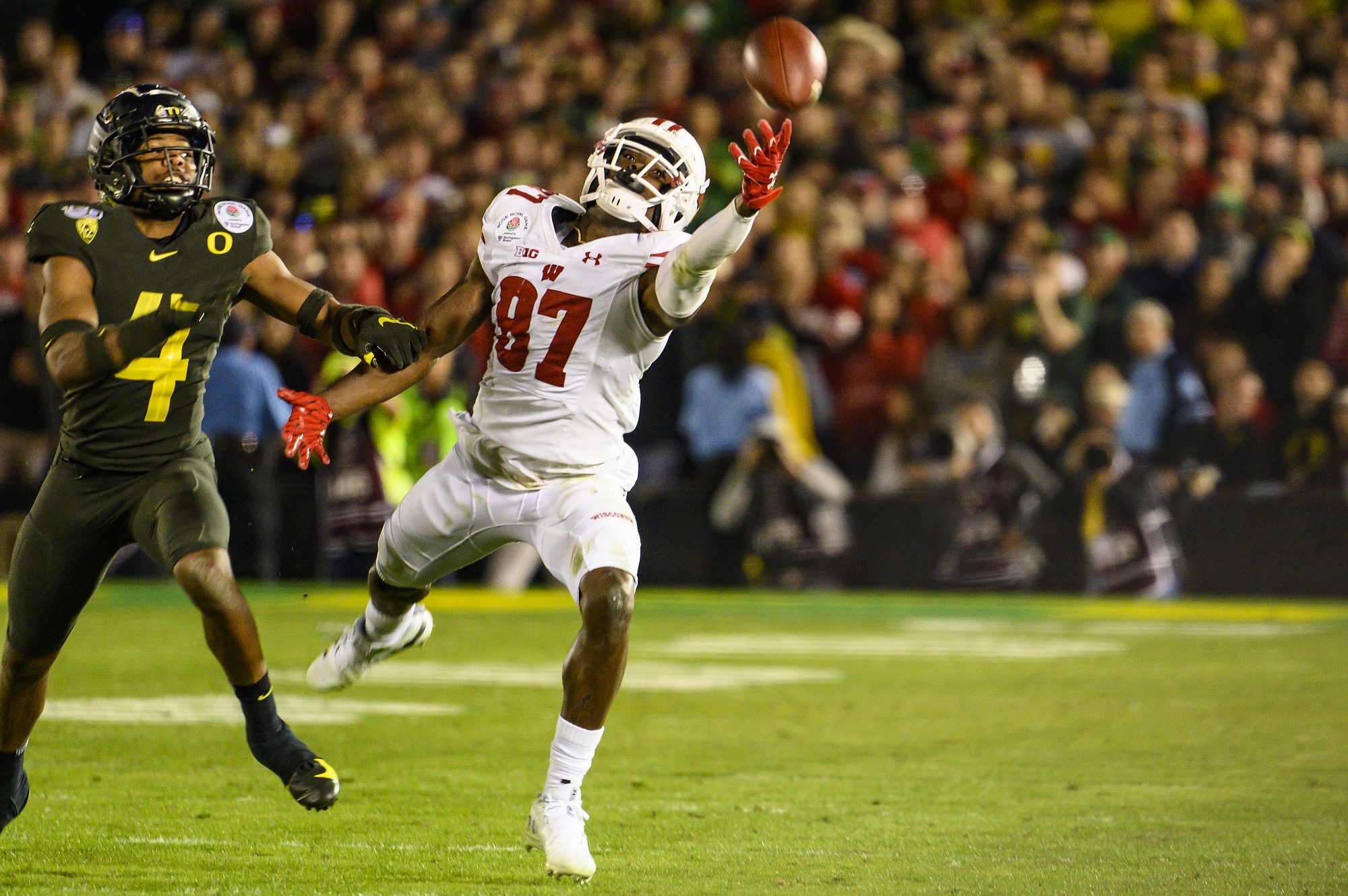 Quintez Cephus (87), wide receiver, comes up just short as he reaches for a pass late in the fourth quarter of the Rose Bowl Game in Pasadena, California on Jan. 1, 2020.